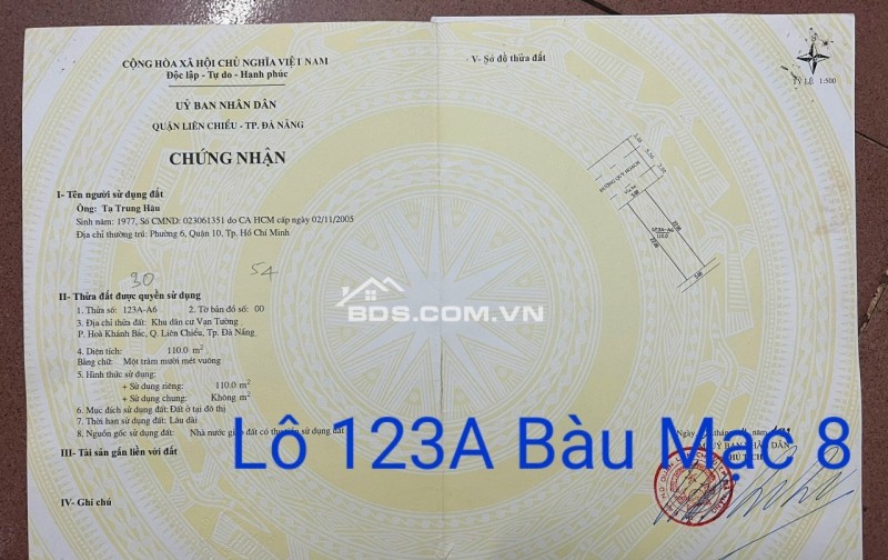 Chính chủ gửi bán lô đất MT Bàu Mạc 8, P Hoà Khánh.Đà Nẵng